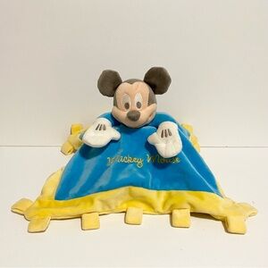 Disney Parks Mickey Mouse Baby Lovey Security Blanket Blue Yellow Crinkle Tags